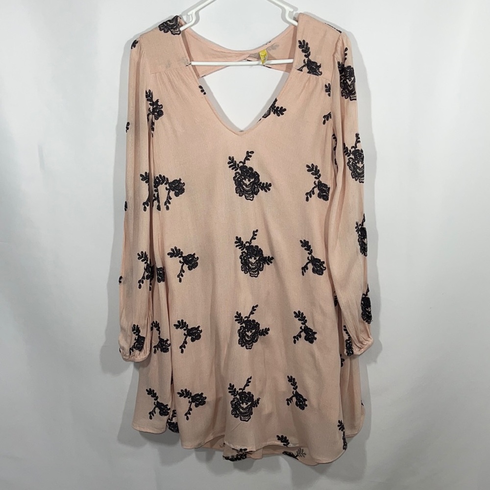 Free People Pink Dress with Navy Embroidered Flowers